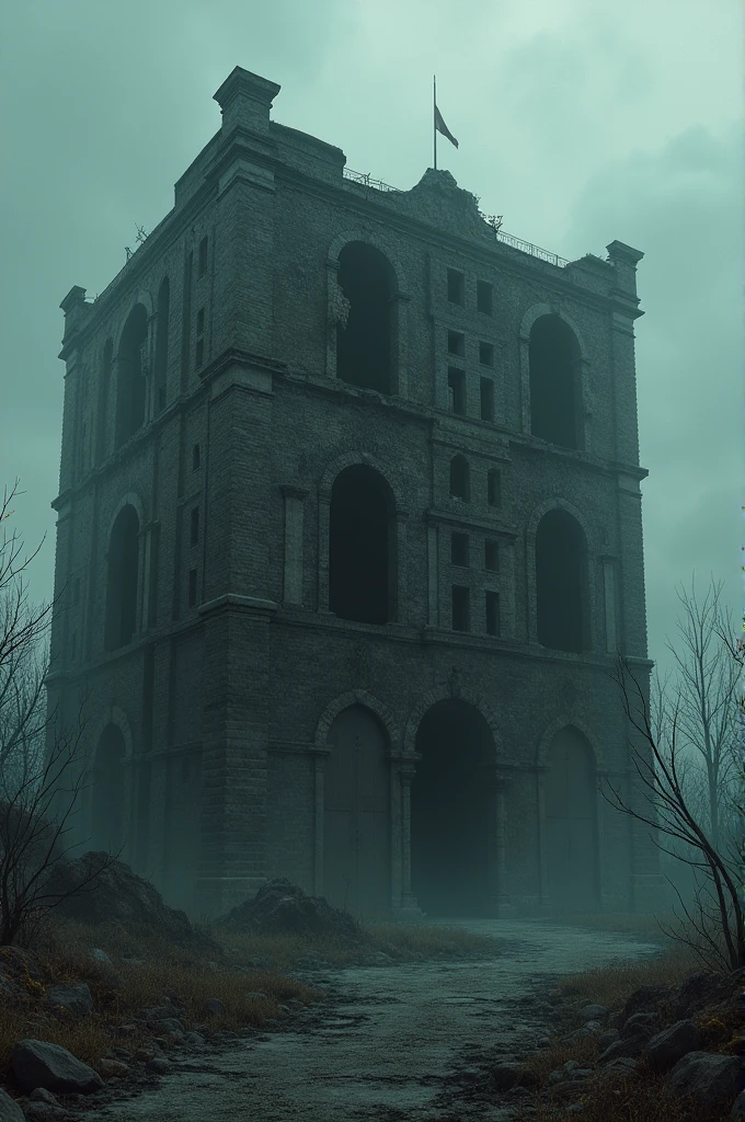 Create a torn and demolished build with dark and horror background,