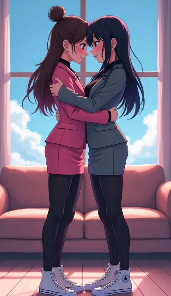 Two girls, long black hairs, yuri
(The first girl wear a pink suit, black shirt, black pencil skirt, black underpants, black tights, white socks, white sneakers high top)

(The second girl wear a grey suit, black shirt, black pencil skirt, black underpants, black tights, white socks, white sneakers high top)

hugging, sensual body, smiled, closed eyes, her hand going to under her black skirt, living room, blue sky, novel cartoon, 4K, HD