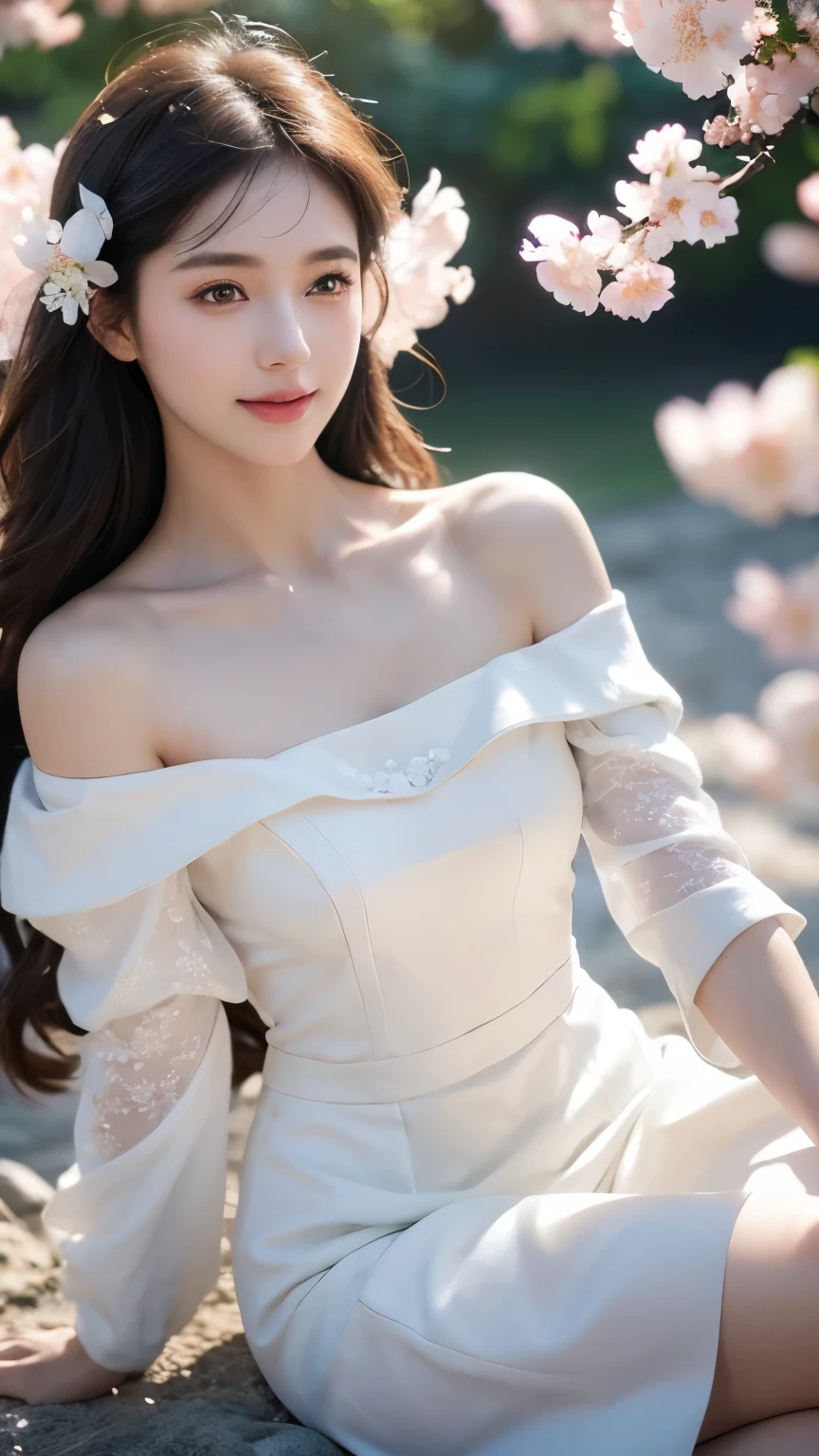 (1girl, white dress, off shoulder, blossom flower field), (photorealistic:1.4), (best quality, masterpiece, ultra-detailed, ultra high res, HDR, cinematic lighting, dramatic lighting, volumetric lighting, intricate details, sharp focus), glowing skin, light smile, elegant, serene, peaceful, beautiful, delicate