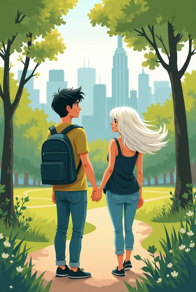 Caucasic couple, white hair girl, mid black AND white hair young man, fluid illustration style, informal outfit, central park background.