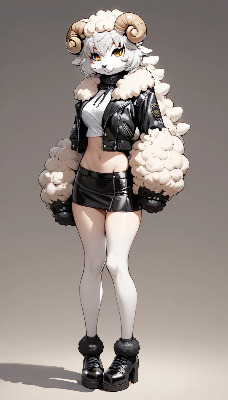 (masterpiece, best quality:1.2), 1 girl, solo, full body, (anthropomorphic Sheep, furry, kemono:1.3), Black Leather made from lambskin Jacket and mini skirt, stylish, simple background
