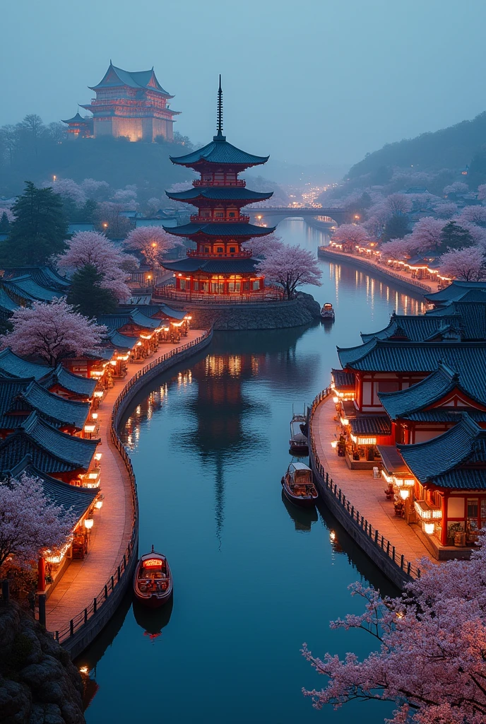 busy Asian shops japanese chinese style with a winding river canal like venice curved in s shape, in the middle focal point big rounded pagoda in an island surrounded by the river in the middle epic scale, background is castle, night time,boats selling things, cherry blossom trees, aerial shot