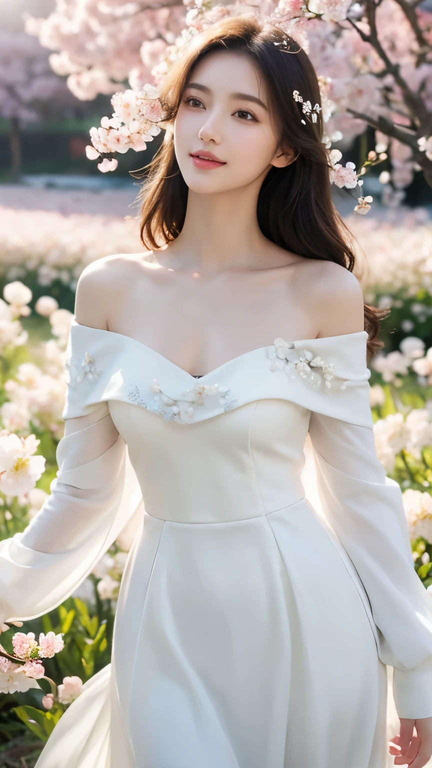 (1girl, white dress, off shoulder, blossom flower field), (photorealistic:1.4), (best quality, masterpiece, ultra-detailed, ultra high res, HDR, cinematic lighting, dramatic lighting, volumetric lighting, intricate details, sharp focus), glowing skin, light smile, elegant, serene, peaceful, beautiful, delicate