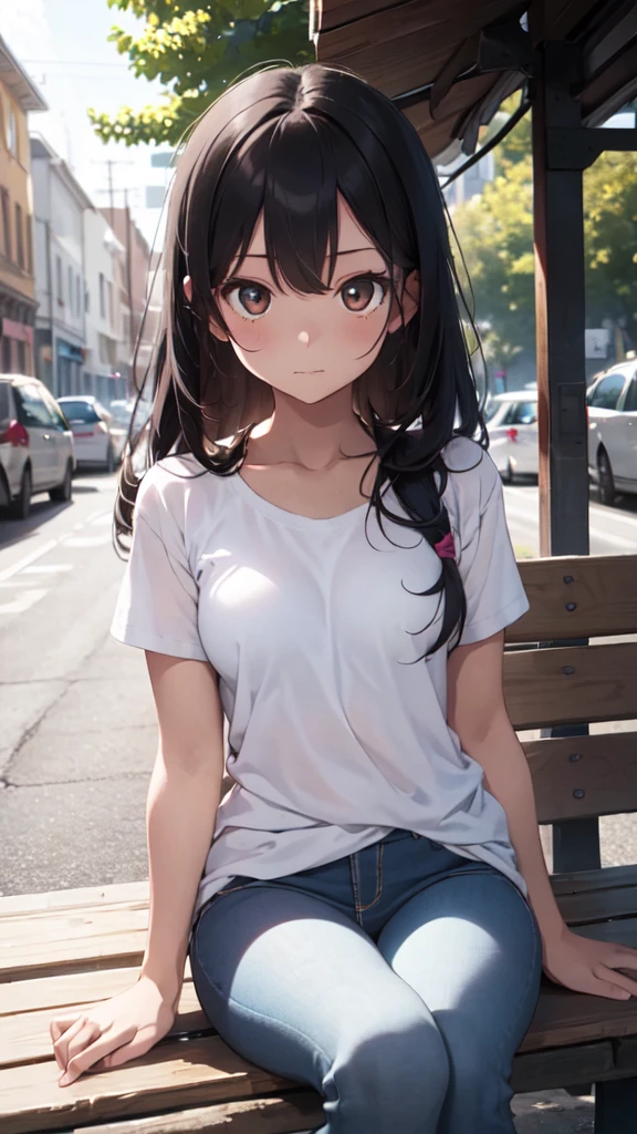 A girl sitting on a bench. She is wearing a white t-shirt and jeans. Her body is a little bit chubby. Her long black hair is waving because of the wind. She is pretty. Her dark brown eyes sparkle through the sunlight. A detailed cinematic portrait of a cute girl. She is staring somewhere else