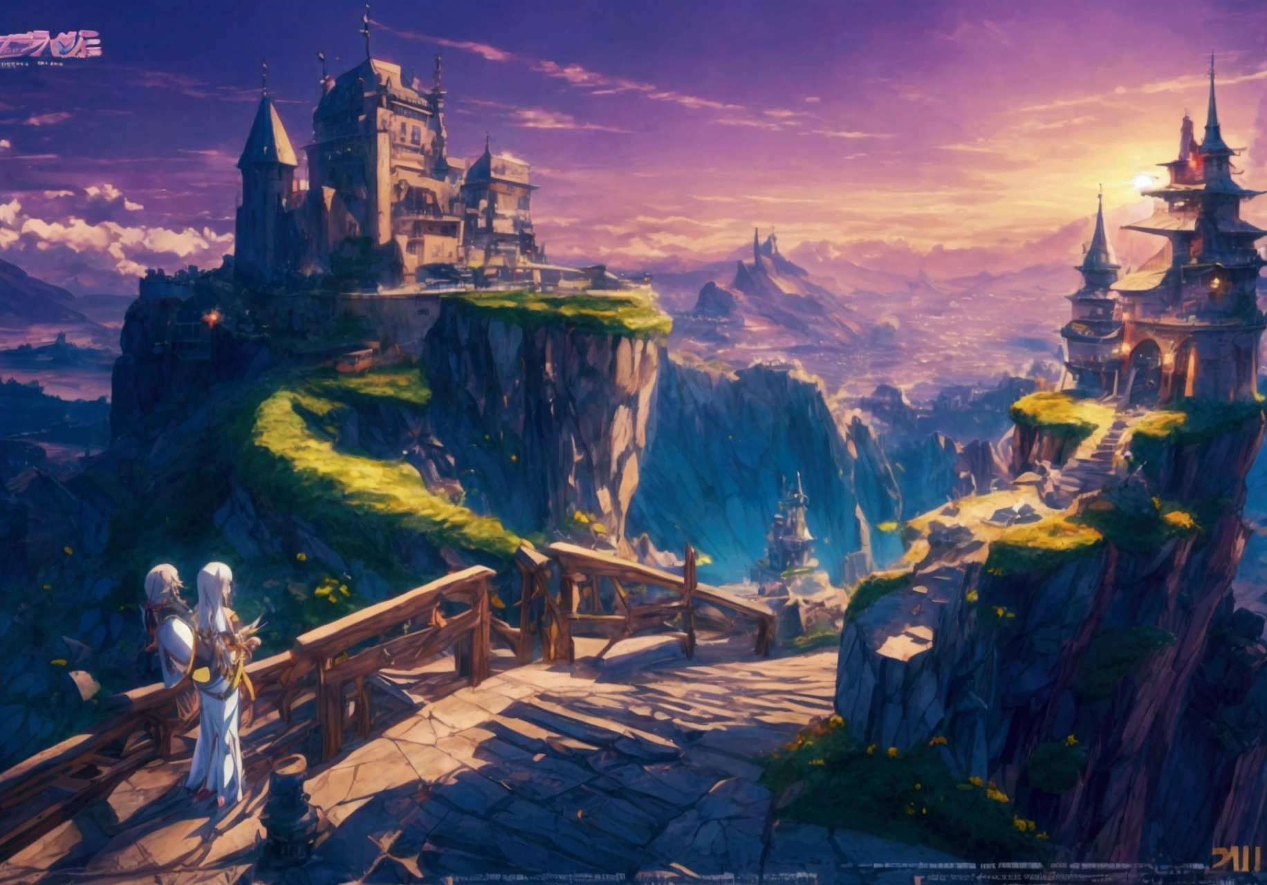 anime girl standing on a cliff looking at a fantasy city with a castle in the background, beautiful anime scene, female adventurer with her back turned looking at a bridge leading to a fantasy city, anime background art, beautiful fantasy anime, anime fantasy artwork, beautiful anime scene ry, beautiful peaceful scene in anime, anime art wallpaper 4k, anime art wallpaper 4k, anime fantasy illustration, anime background, 4k anime wallpaper