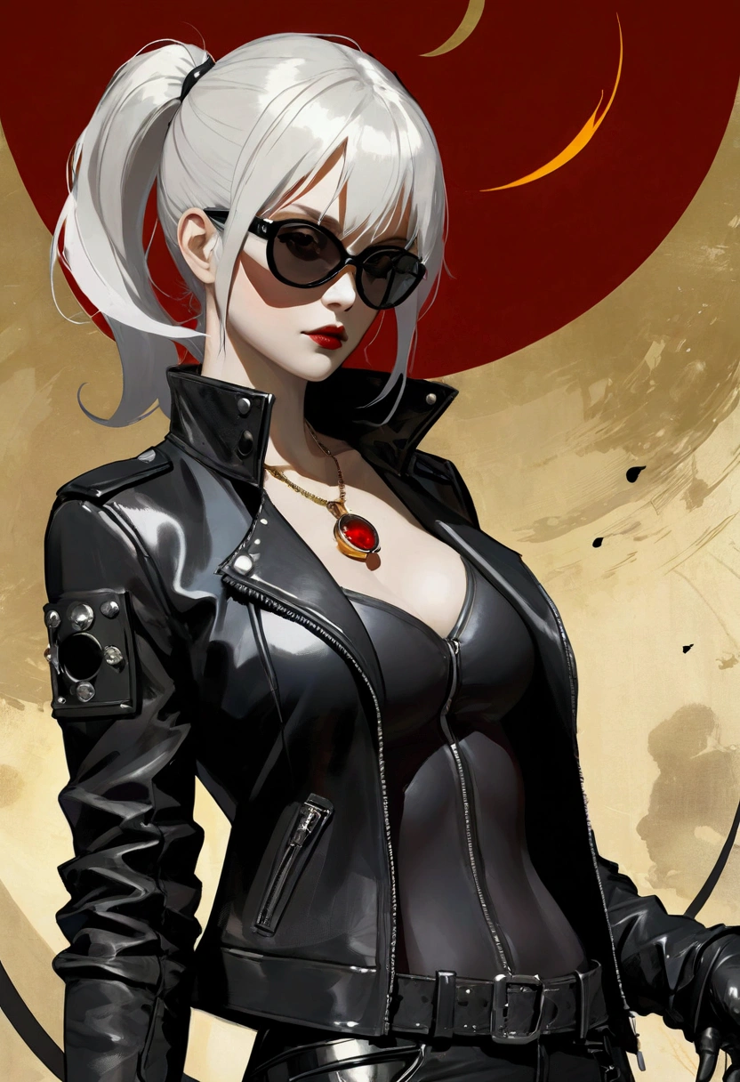 masterpiece, (best quality:1.2),(Ashley Wood Style:1.2),(Nick Vicesi Style:0.6), (Clear focus:1.2),Mature female,White hair,Ponytail, Black Gothic Leather Jacket, sunglasses, Red necklace, stocking, Death Stare, Solar eclipse background, Simple golden background