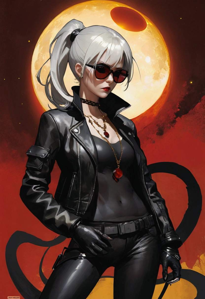 masterpiece, (best quality:1.2),(Ashley Wood Style:1.2),(Nick Vicesi Style:0.6), (Clear focus:1.2),Mature female,White hair,Ponytail, Black Gothic Leather Jacket, sunglasses, Red necklace, stocking, Death Stare, Solar eclipse background, Simple golden background