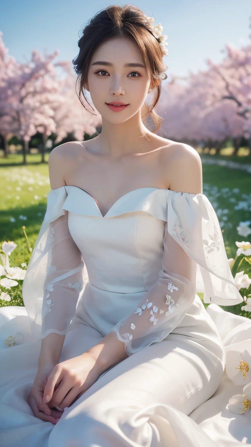 (1girl, white dress, off shoulder, blossom flower field), (photorealistic:1.4), (best quality, masterpiece, ultra-detailed, ultra high res, HDR, cinematic lighting, dramatic lighting, volumetric lighting, intricate details, sharp focus), glowing skin, light smile, elegant, serene, peaceful, beautiful, delicate