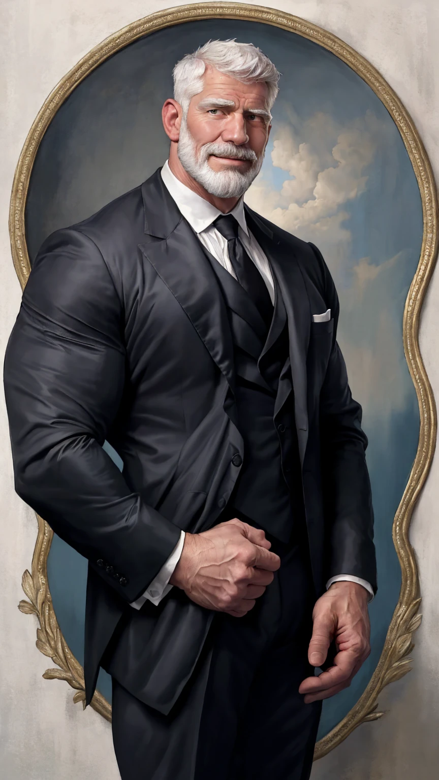 Long arms and nude breasts，highly detailed painting，portrait，Artwork by William-Adolphe Bouguereau，tom of finland，Gaston Boussier，Alphonse March，ethereal，poetic pastoral。handsome grandpa magazine！ beard，short hair，A tall old man with a small head，Wearing black gray open suit，white shirt！！！（ 8k，masterpiece，best quality，High resolution，Super detailed）Elegant！ Stylish background！！ HD，8k，Thin and tall！ muscle發達，chest hair，毛茸茸的胸部muscle！ giggle，masterpiece，The best quality，High resolution，Detailed background，Strong body，Very，male，He is about 60 years old，strong and handsome，muscle組織，muscle過多，胸部muscle！ Detailed Background，，best quality，masterpiece，（muscle：1.5），（white hair：1.5）