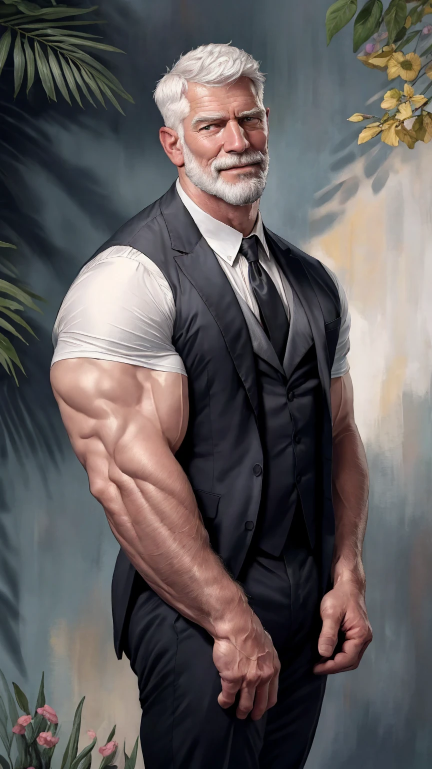 Long arms and nude breasts，highly detailed painting，portrait，Artwork by William-Adolphe Bouguereau，tom of finland，Gaston Boussier，Alphonse March，ethereal，poetic pastoral。handsome grandpa magazine！ beard，short hair，A tall old man with a small head，Wearing black gray open suit，white shirt！！！（ 8k，masterpiece，best quality，High resolution，Super detailed）Elegant！ Stylish background！！ HD，8k，Thin and tall！ muscle發達，chest hair，毛茸茸的胸部muscle！ giggle，masterpiece，The best quality，High resolution，Detailed background，Strong body，Very，male，He is about 60 years old，strong and handsome，muscle組織，muscle過多，胸部muscle！ Detailed Background，，best quality，masterpiece，（muscle：1.5），（white hair：1.5）