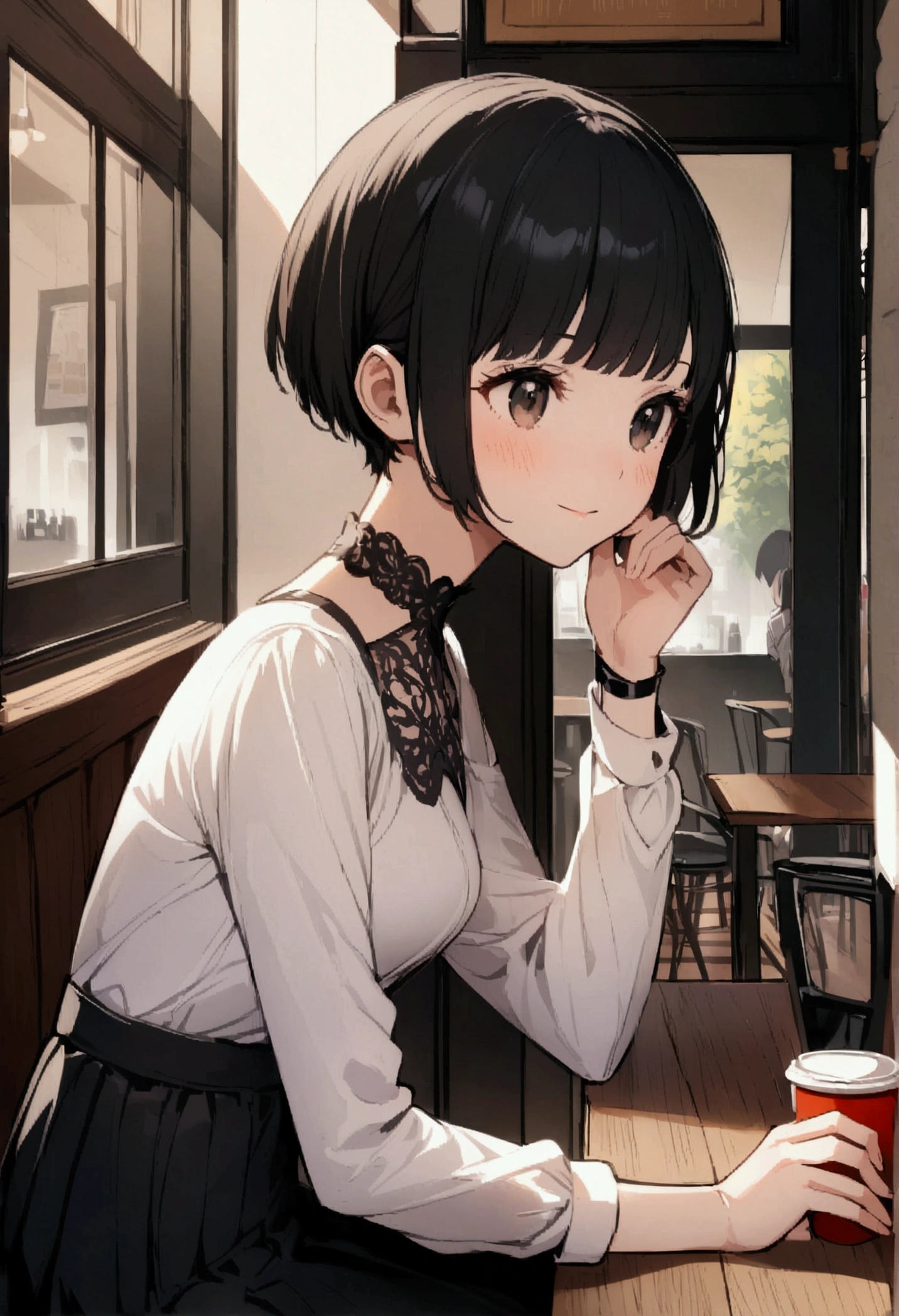 slender,a young girl,pixie cut,black hair,Cafe,Talking to friends