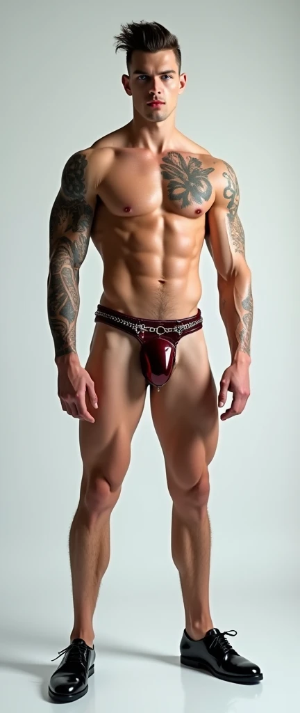 Fullbody standing picture of white skin Handsome muscular horny nude sexy gay man wearing sexy shiny maroon latex harness, shiny black Disconnected Pompadour oiled hair style, blue eyes, shiny varnished vinyl shoes, red lip, chain, tattoos, horny, cum shot, sperm, milking penis, very big penis, very big testicle, shiny oiled skin, orgasm, oversexed, masturbation, standing at white lighting room.