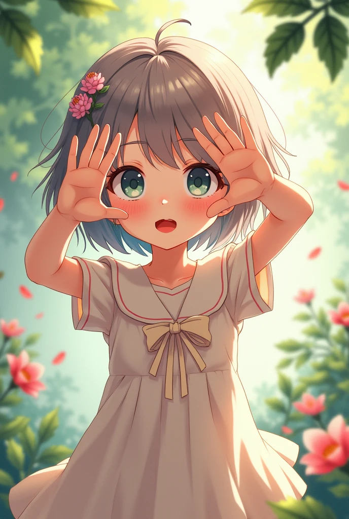 In anime style a girl creating a square with her hands 