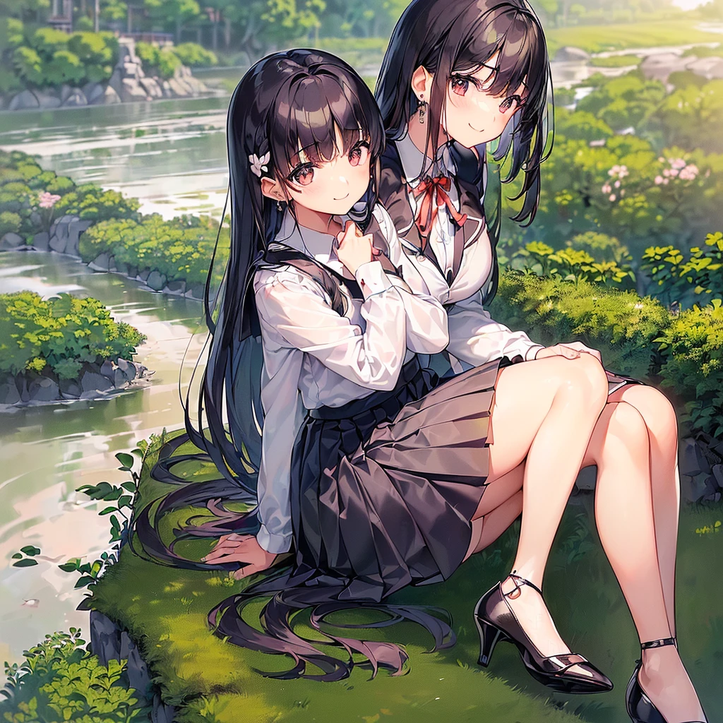 masterpiece, best quality,  1 girl, sit on wood ground, sun light, lobby, window, flower, (Washitsu background),uncensored, vaginaltwintails, black hair, very long hair, blue dress, pleated skirt, small breasts, knee high stockings, wear half ribbon  panties on leg, fang, full bodys,