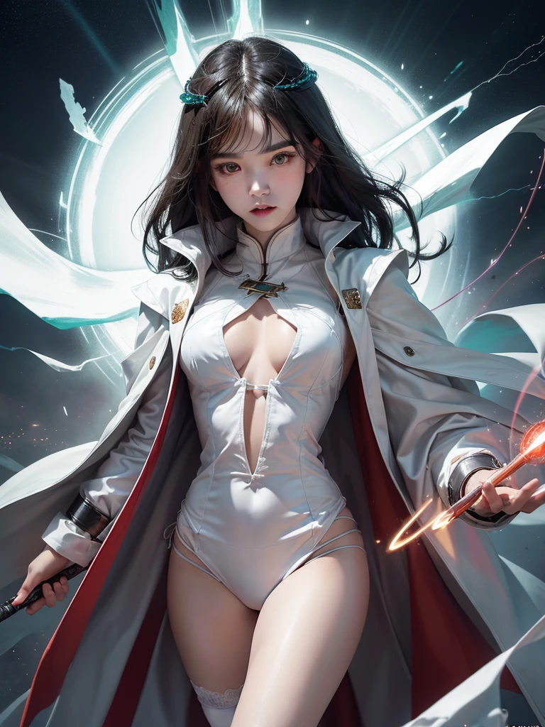 (Absurd, High resolution), 16K, (Panorama), Japanese 18 years old, 1 person, strict, Dark green eyes, Open your arms, Short right swept dandy black hair, White coat, White underwear, Very detailed, lightning, magic, magic Array, Exaggerated light, Shine, magic, floating, evening, good looking、Wearing a red cloak