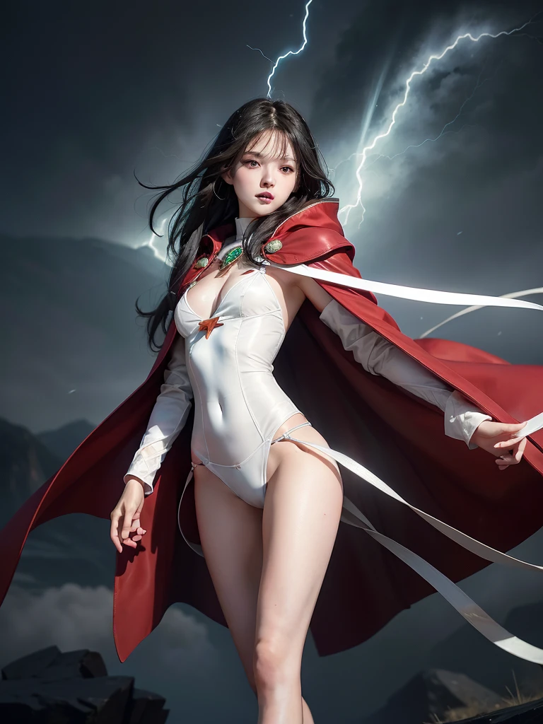 (Absurd, High resolution), 16K, (Panorama), Japanese 18 years old, 1 person, strict, Dark green eyes, Open your arms, Short right swept dandy black hair, White coat, White underwear, Very detailed, lightning, magic, magic Array, Exaggerated light, Shine, magic, floating, evening, good looking、Wearing a red cloak