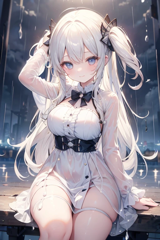 Masterpiece, best quality, 1girl,rain, messy hair, smile 