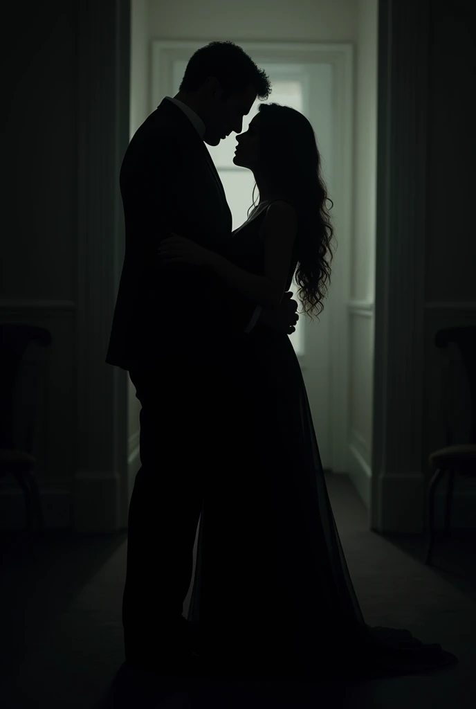 Shadow of silhouettes of man in black suit and long-haired woman in long black dress , you can&#39;t see their faces, in a dark room, hugging