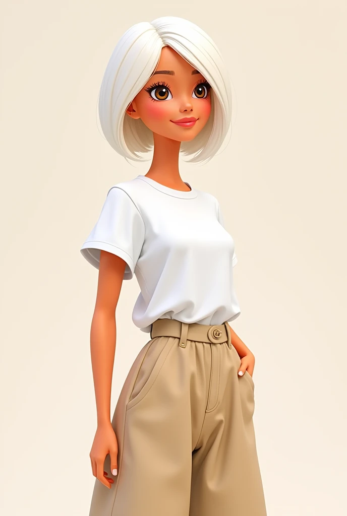 Cartoon Barbie with short white hair and brown eyes dressed in a white shirt with short sleeves down to the arm ,y un pantalon oversized color beige ocuro 