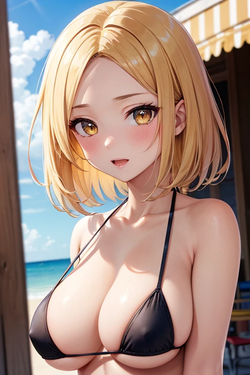 One Woman, Highest quality, masterpiece, Super Resolution, super high quality, Large Breasts, Idol, Beauty, ((From the front 1.2)), Cleavage, 8k, High resolution eyes, High-resolution contours, ((Forehead visible 1.3)), Stylish, High-resolution pupils, blush,  High resolution face, High resolution breasts, Ultra HD, Open your mouth, Upper Body, High resolution mouth, Sexy body, ((Super cool face 1.5)), ((Hanging 1.6)), Broken bangs, Yellow Eyes, model, Mature Woman, Adult women, Beautiful clavicle, High resolution hair, Mother, maternal, Underboob, Sideboob,  Married Woman, couple, super beautiful, Charm, Alluring, Open your mouth, Blonde, short hair, Micro Bikini, Beach, Textured skin, Textured Breasts, 