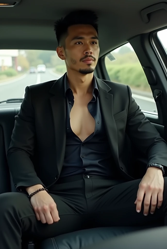 4,Hidetoshi Nakata,(Kogoro Mori 1.3),one person, black衬衫、Red tie、black修身裤、,Inside the car、mafia、Sit with your legs open、Holding a gun,logical,love ,Short hair perm、Handsome dad, Bulge in the crotch of pants,black,transparent,Thick body hair,underwear,Topless,Densely hairy,Fortitude,HD,With a mustache,Gold chain