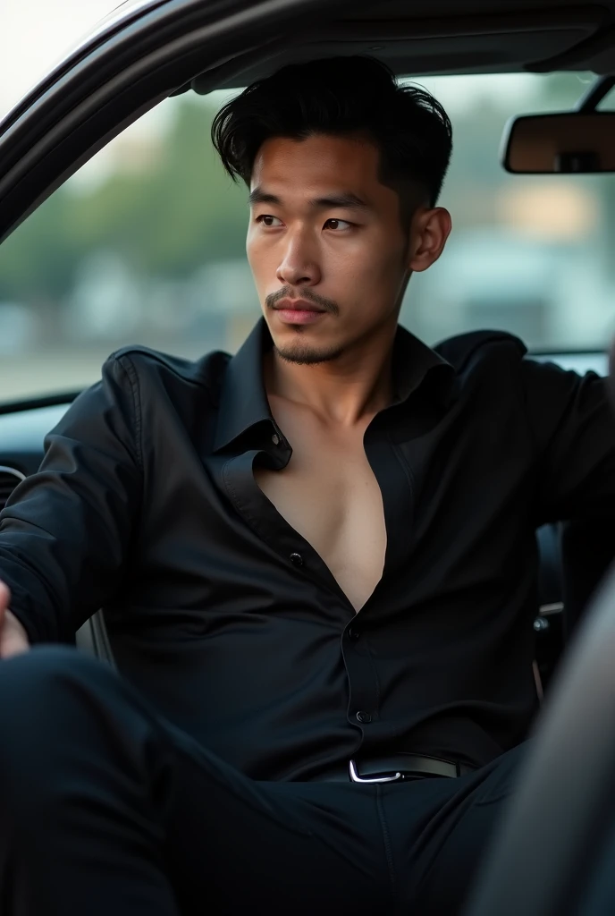 Asian Idol 40 years old,One Man,Black suit wear shirt, open chest shirt, showing off body, toned abs and full chest,mafia,Very Short Hair,clean-shaven with neatly cut、Inside the car,Legs wide open,The crotch area of the pants is bulging,logic,Gay　,Very short、Stubble,Faces of the Turks。