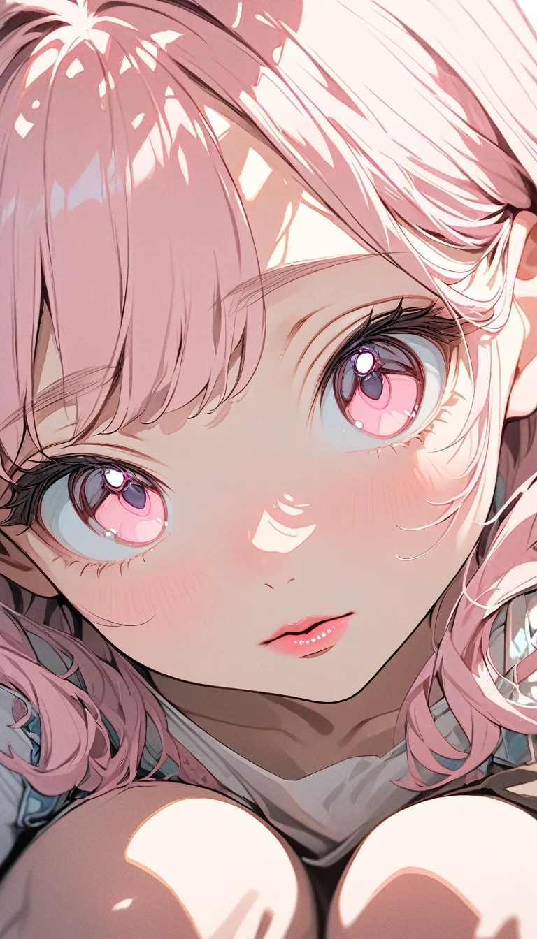 (masterpiece),(best quality:1.1),(very detailed),best illustration,in detail,(portrait:1.1),(Intense close-ups), girl,alone,,slim,(Really delicate and beautiful face),(Beautiful pink eyes),pink thick lips,(Wearing the), squatting on the overpass, Soft and lazy,(simple background:1.2)Overall color background,obvious,4K