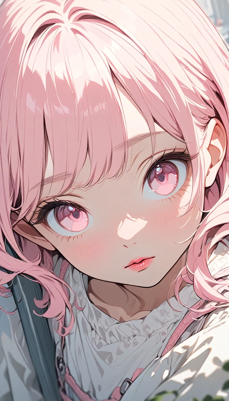 (masterpiece),(best quality:1.1),(very detailed),best illustration,in detail,(portrait:1.1),(Intense close-ups), girl,alone,13 years old,slim,(Really delicate and beautiful face),(Beautiful pink eyes),pink thick lips,(Wearing the), squatting on the overpass, Soft and lazy,(simple background:1.2)Overall color background,obvious,4K