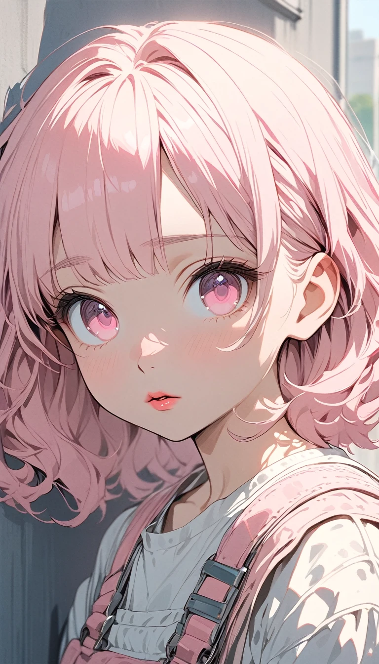 (masterpiece),(best quality:1.1),(very detailed),best illustration,in detail,(portrait:1.1),(Intense close-ups), girl,alone,13 years old,slim,(Really delicate and beautiful face),(Beautiful pink eyes),pink thick lips,(Wearing the), squatting on the overpass, Soft and lazy,(simple background:1.2)Overall color background,obvious,4K
