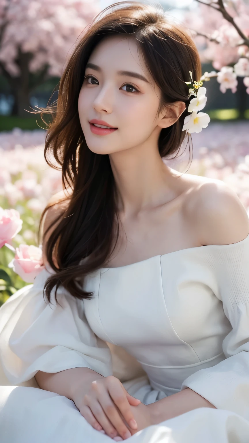 (1girl, white dress, off shoulder, blossom flower field), (photorealistic:1.4), (best quality, masterpiece, ultra-detailed, ultra high res, HDR, cinematic lighting, dramatic lighting, volumetric lighting, intricate details, sharp focus), glowing skin, light smile, elegant, serene, peaceful, beautiful, delicate