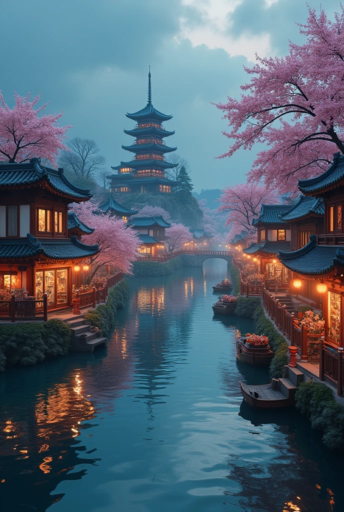 busy Asian shops japanese chinese style with a winding river canal like venice curved in s shape, in the middle focal point big rounded pagoda in an island surrounded by the river in the middle epic scale, background is castle, night time,boats selling things, cherry blossom trees
