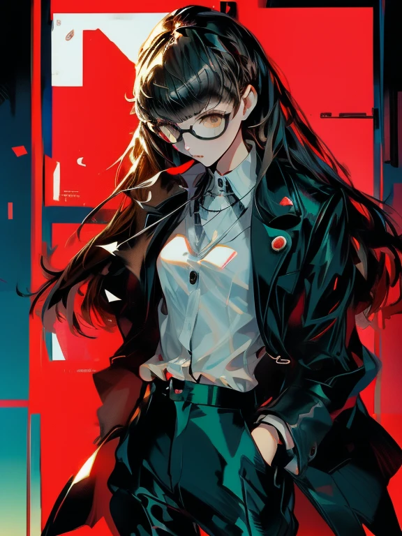 ((chibi)), big head, focus face, in the art style of persona5, (masterpiece:1.2, highest quality), (Realistic, photoRealistic:1.4), Beautiful illustrations, (Natural Side Lighting, Cinema Lighting), Written boundary depth, Beautiful thighs staring at the viewer, 1 female, 20-year-old, alone, thin, slender, (small breasts), long Hair, straight Hair, Forehead, Forehead, Forehead, Forehead, thin, slender, glasses, ((Skinny black pants, collared shirt)), Are standing, (((glasses)))