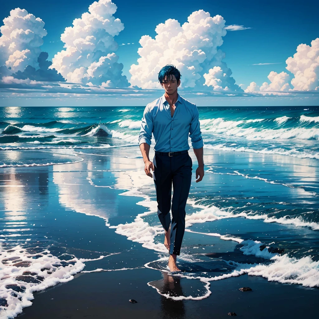 A handsome man in a shirt, walking on a wet shore at a distance, looking at the viewer, set against a blue beautiful sky. The sky and clouds are reflected on the wet shore. The man is centered with the focus on the expansive and fantastical landscape, reminiscent of a cinematic scene. Bright, and vibrant colors.