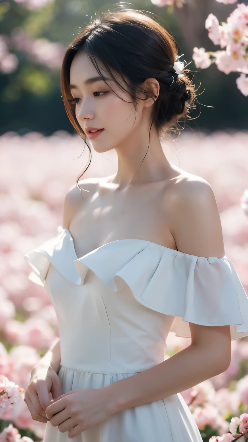 (1girl, white dress, off shoulder, blossom flower field), (photorealistic:1.4), (best quality, masterpiece, ultra-detailed, ultra high res, HDR, cinematic lighting, dramatic lighting, volumetric lighting, intricate details, sharp focus), glowing skin, light smile, elegant, serene, peaceful, beautiful, delicate