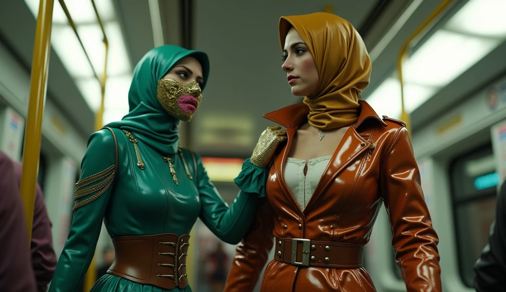 MMORPG video game footage of a petting non-binary androgynous transvestite crossdressing queer transgender male shemale who is dancing with lifted arms and visible armpits with hair in Berlin subway, clothing with nubs and buffers, corset, apron, vested smock, pleated cuffs, perforated eyemask, holed hijab slick, transparent slick gloves, flowery holed latex rococo green teal mask, high-gloss perforated satin leggings, latex diaper, silky leather shorts, liquid-lacquered pantyhose leggings, shiny bandana, belted mouth black glossy mask, shiny skirt leggings covered, high gloss legging trouser skirt pockets, knob-front, button placket, jezebel high-collar wearing multi-layered high gloss clothing perforated, fluffy eyebrows insanely thick, ballerina glamour, ((beautiful perverted, sensual romper)), holed latex trouser, brown wide belt, printed rose hips, bow style glossy flowered headscarf fully covered, silky romper, flowery khimar satin floral hijab veils blouse tunic, very long sleeved latex clothing, floral mouth purple brown mask, shiny flowery satin gothic latex orange red mask with knobs, wearing teal yellow mustard colored holed perforated layered shiny vest-blouse from top to bottom with knee length shiny boots and a floral latex leggings over the pleated romper with shiny long tunic-blouse and pockets, tripple belt brown purple, floral satin high collared long sleeve blouse with buttons and knobs, high-necked liquid-lacquered high collared long leg romper, glossy-satin coat, ((floral sunglasses)), very high collared blouse made of satin and PU faux glossy-satin with shiny floral face golden pink mask and pockets, so much floral satin high collared romper with button placket, long open button-front blouse hanging, satin high collar, satin gloves, plissee pleated glossy longskirt with knobs, slick long trousers, buttoned slick skirt, pockets, knobs, a lot of bows, flowery satin khimar knobbed, floral latex and glossy-satin khimar long buttoned, (sunglasses),