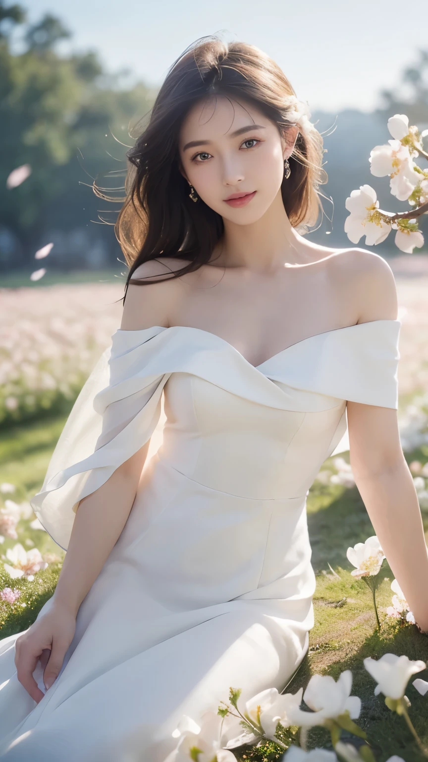 (1girl, white dress, off shoulder, blossom flower field), (photorealistic:1.4), (best quality, masterpiece, ultra-detailed, ultra high res, HDR, cinematic lighting, dramatic lighting, volumetric lighting, intricate details, sharp focus), glowing skin, light smile, elegant, serene, peaceful, beautiful, delicate