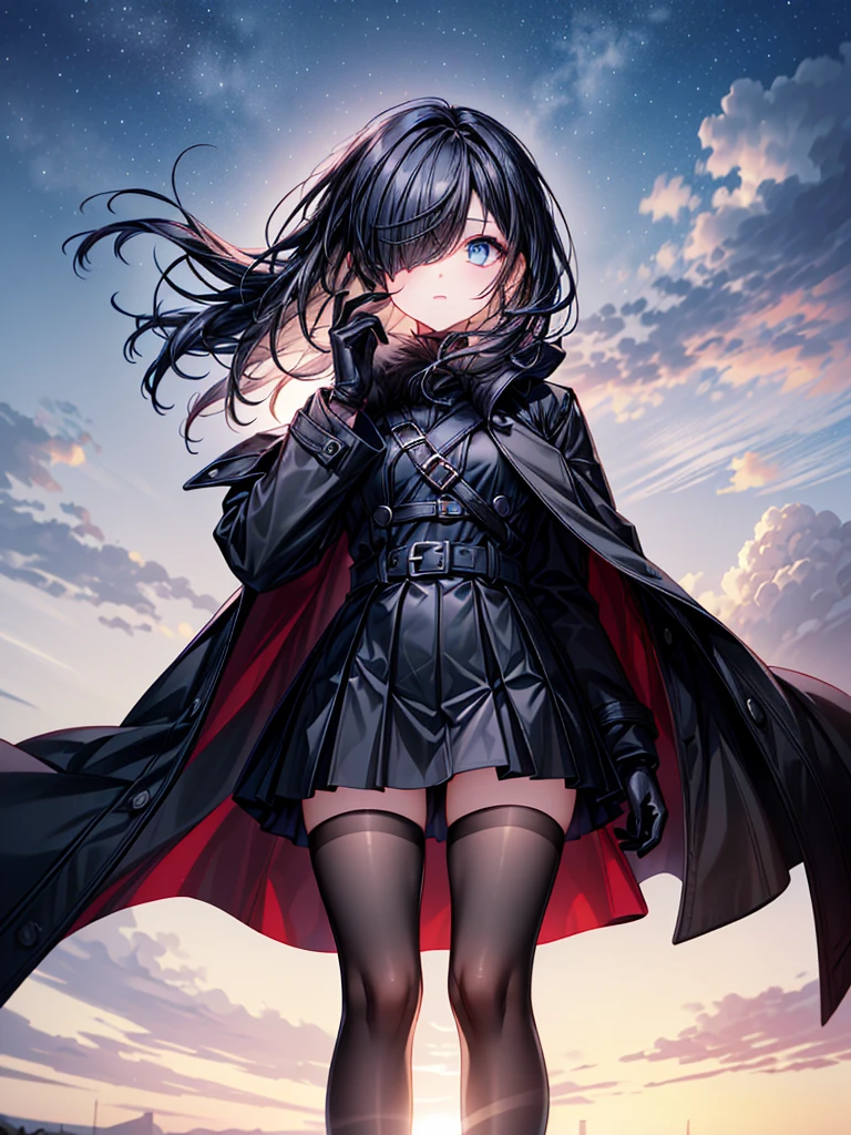 ((Oriental Project)),((masterpiece)),((Highest quality)),((Fascinating)),((alone)),((Deep blue pupils)),((Looking up at the night view from the top of the hill)),((Beautiful Blue Eyes)),((Wearing a black coat)),((Wearing a black mini skirt,She is wearing black tights under her skirt)),((Slim body)),((length, Shiny black hair)),((Her left eye is completely hidden by her bangs)),((Her hair is parted, and you can see her eyes through it)),((Wearing black gloves)),((hair over one eye,long hair)),((Ruthless)),((Complex background)),((Hair blowing in the wind))