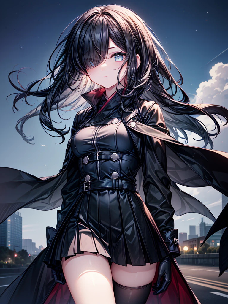 ((Oriental Project)),((masterpiece)),((Highest quality)),((Fascinating)),((alone)),((Deep blue pupils)),((Looking up at the night view from the top of the hill)),((Beautiful Blue Eyes)),((Wearing a black coat)),((Wearing a black mini skirt,She is wearing black tights under her skirt)),((Slim body)),((length, Shiny black hair)),((Her left eye is completely hidden by her bangs)),((Her hair is parted, and you can see her eyes through it)),((Wearing black gloves)),((hair over one eye,long hair)),((Ruthless)),((Complex background)),((Hair blowing in the wind))