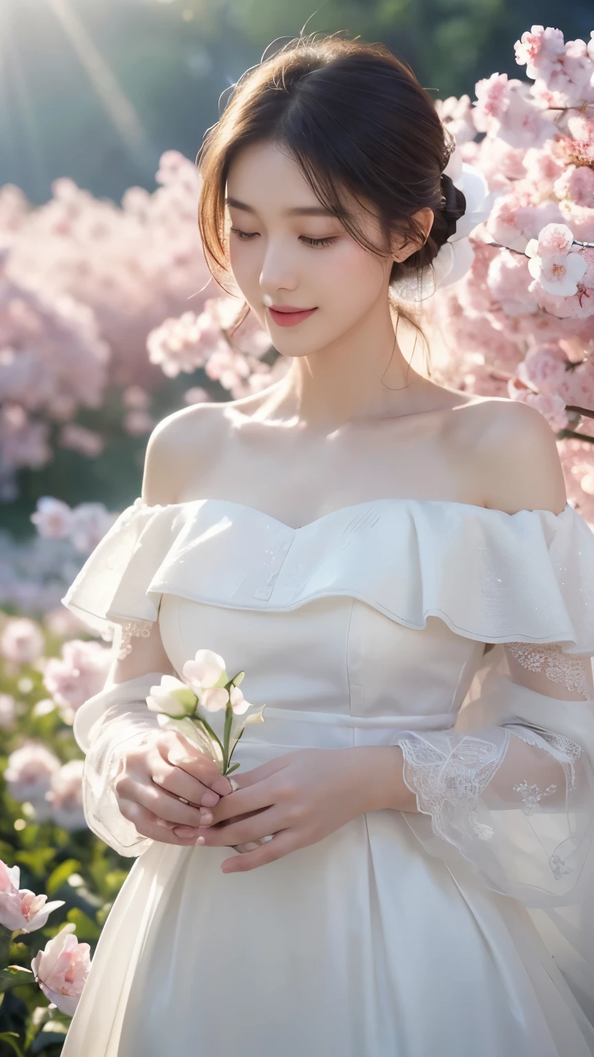 (1girl, white dress, off shoulder, blossom flower field), (photorealistic:1.4), (best quality, masterpiece, ultra-detailed, ultra high res, HDR, cinematic lighting, dramatic lighting, volumetric lighting, intricate details, sharp focus), glowing skin, light smile, elegant, serene, peaceful, beautiful, delicate