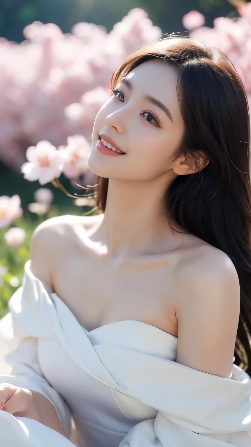 (1girl, white dress, off shoulder, blossom flower field), (photorealistic:1.4), (best quality, masterpiece, ultra-detailed, ultra high res, HDR, cinematic lighting, dramatic lighting, volumetric lighting, intricate details, sharp focus), glowing skin, light smile, elegant, serene, peaceful, beautiful, delicate