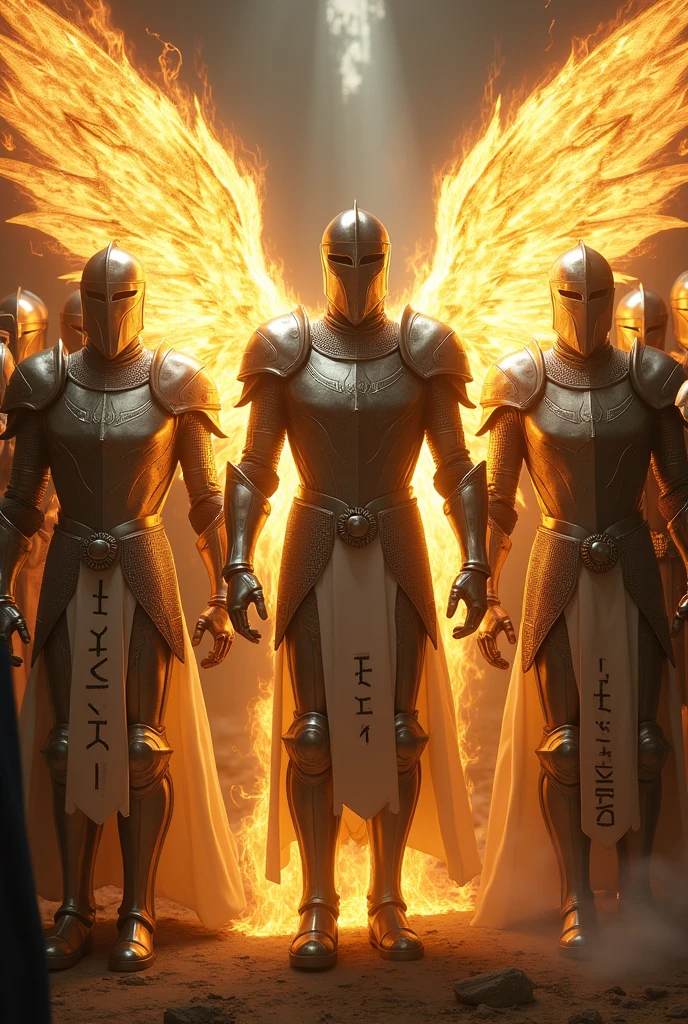 12 Angelic knights with silver-colored knight armor and Aramaic writings and one of them with a Spartan helmet with a golden aura of fire and power and (Diamond Wings lit on fire)
