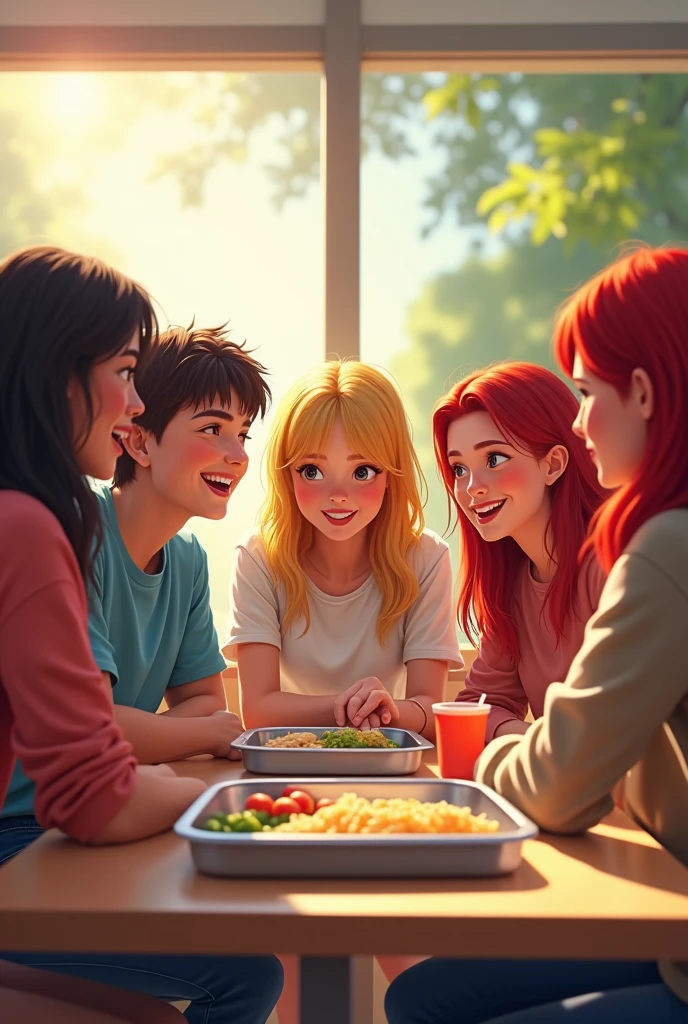 typical bright college dining hall:1.2,metal square tray:1.2, morning light, naughty girls:, chatting, gossip, modern features, teenager style:1.2, t-shirt, blond, black-haired, red-haired, simple table,sweatshirt
