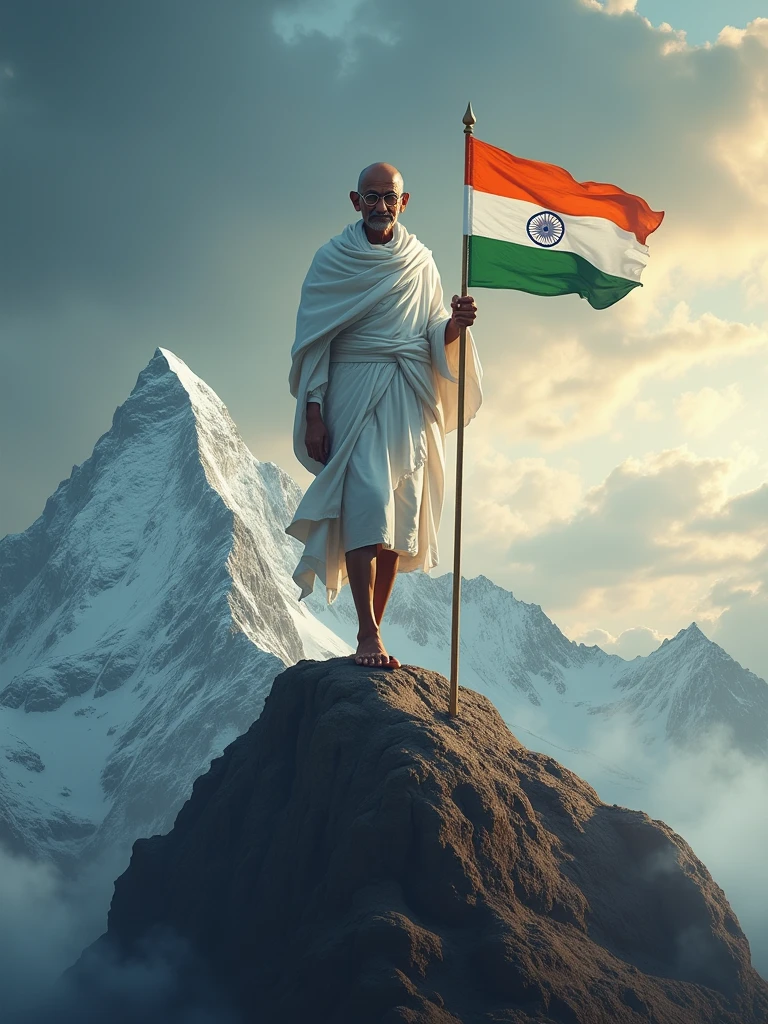 The great leader of India, Mahatma Gandhi ji, is standing on a mountain and is holding an India flag in his hand