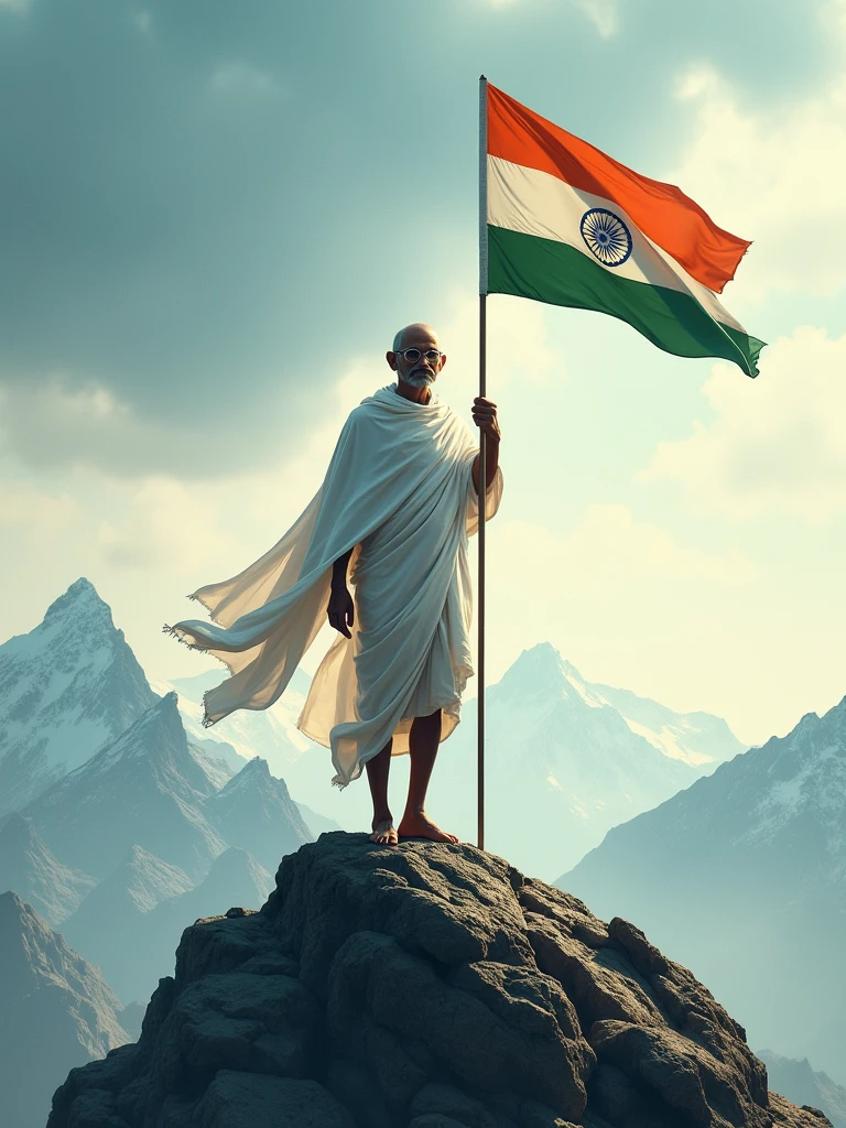 The great leader of India, Mahatma Gandhi ji, is standing on a mountain and is holding an India flag in his hand