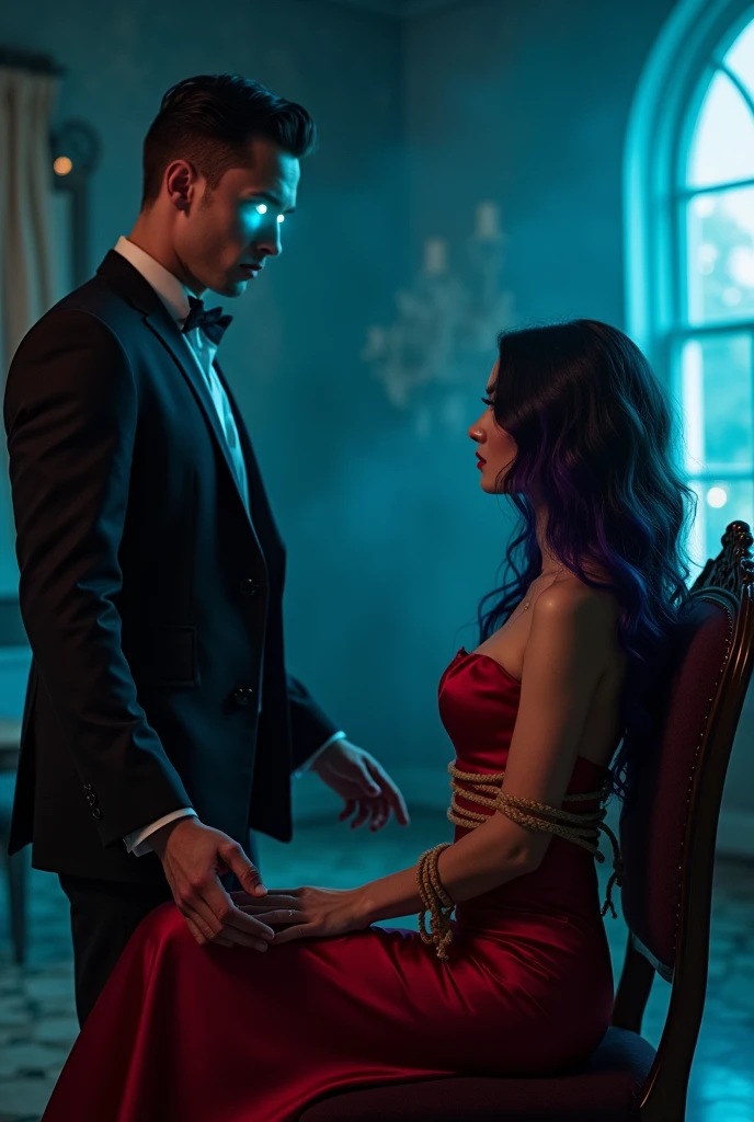 A ( handsome man , black suit , Magical glowing blue eyes he is using his Hypnotic eyes on a beautiful girl who is sitting on a chair tied up with ropes she is looking into man beautiful blue glowing eyes, She Is wearing red colour beautiful,hot and sexy dress,she has long black purple hair , background is off a beautiful mansion but dark ( Full image)

( The man hold her hands making her walk with him,the girl start walking towards him
