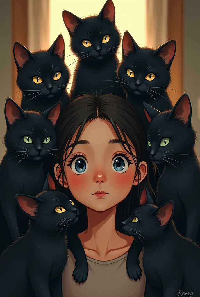 I create a drawing of a young teenager with 6 black cats