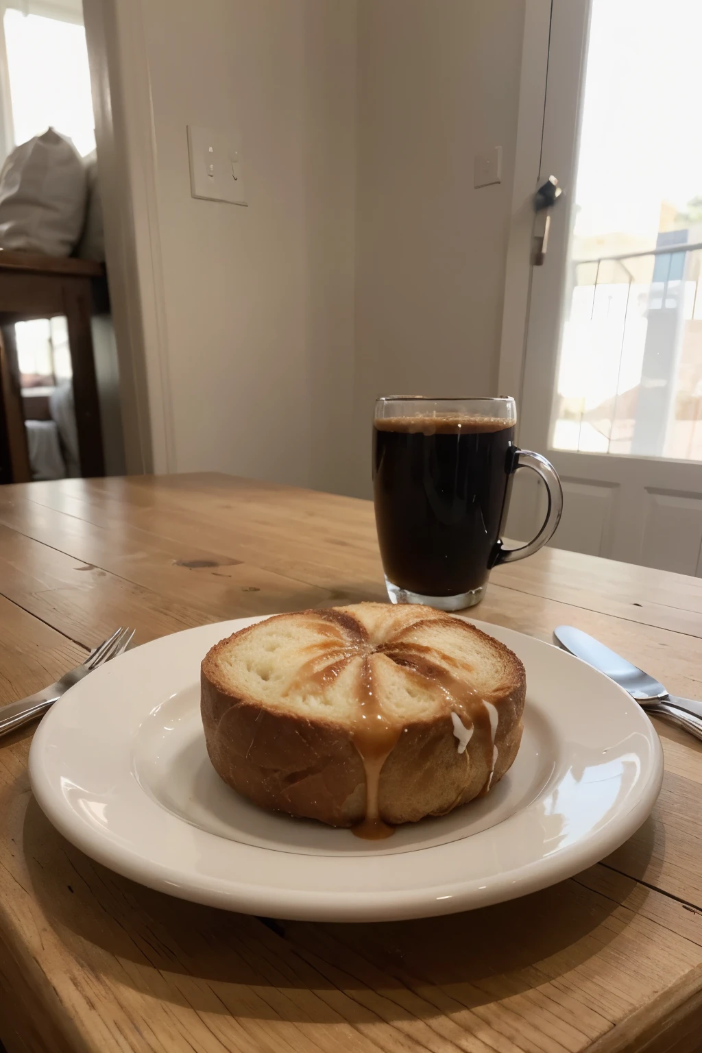 Photo of a cup of coffee next to a bread on a plate on the modern table, Realistic and clean photo for Instagram