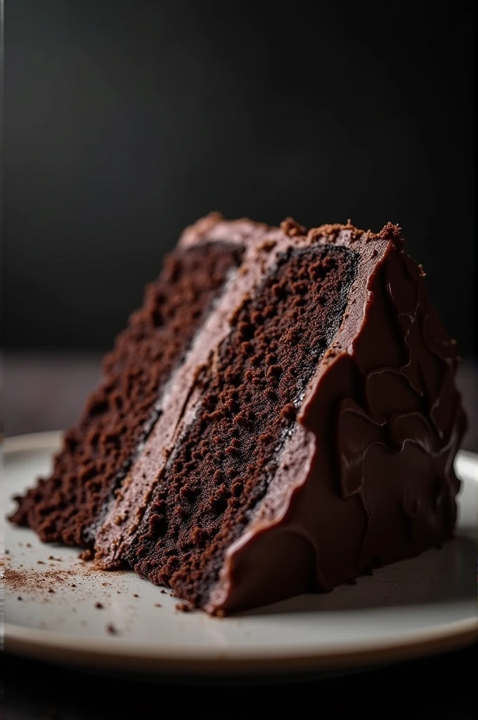 cinematic film still chocolate, chocolate cake, dark background, quality photo, moist texture, frosting, studio photo, slice . shallow depth of field, vignette, highly detailed, high budget, bokeh, cinemascope, moody, epic, gorgeous, film grain, grainy