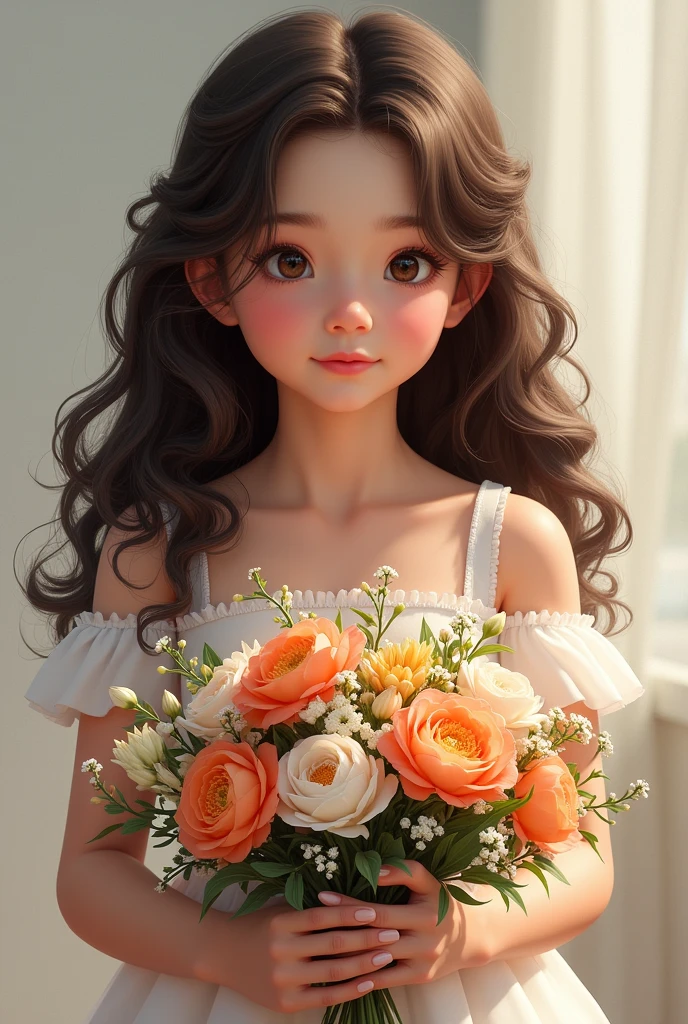 A realistic with big dark brown Lucious wavy hair dressed as flower girl holding a bouquet