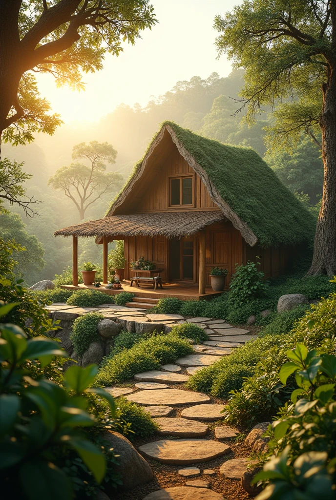 Create me a visual image wallpaper  of  ,living a satvic lifestyle, eating stavic food, practicing yoga, in a eco friendly earthly house surrounded by trees and plants, in the morning sunshine. Do not include a human